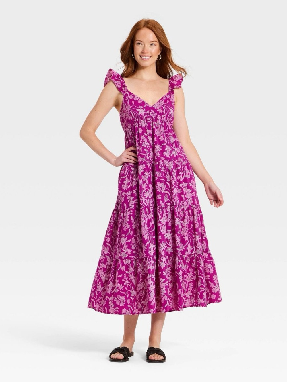 Women's Ruffle Sleeve Maxi Sundress - Universal Threads™ Purple Floral